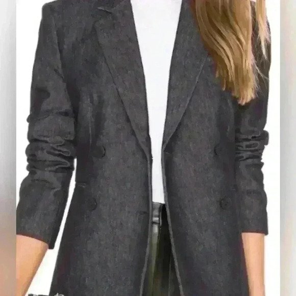 🔥🔥 NWOT Theory Double Breasted Deadstock Denim Coat Blazer Dark Blue 00 Jacket - Picture 2 of 16